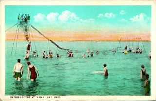 Antique Postcard Indian Lake Oh " Bathing Scene " Giant Slide Swings Swimmers