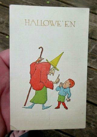 Antique Ca 1910 Halloween Postcard With Witch And Little Boy