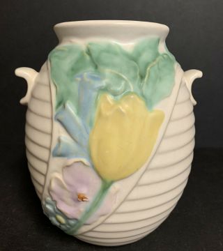 Vintage Weller Art Pottery M - 8 Double Handled Vase White Ribbed Floral Signed