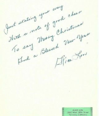ALICE LON signed Christmas card Lawrence Welk ' s First Champaign Lady 2