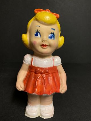 Vintage Rubber Squeaky Squeak Doll Toy Blonde Girl Red Dress Bow 7 " Marked Ee