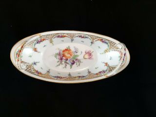 Vintage Dresden And Royal Vienna Oval Handled Dish Flowers W/ Heavy Gold Trim