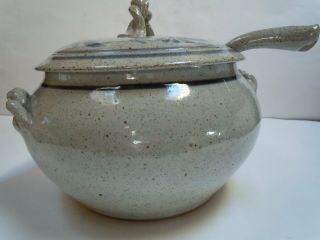 Vintage Large Soup Tureen With Lid & Ladle Blue Floral On Gray Glazed Stoneware