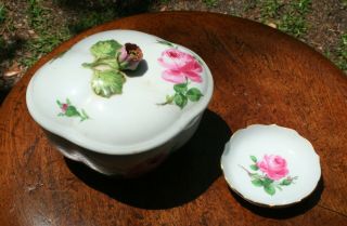 Antique / Vintage Meissen Porcelain Pink Rose Sugar With Lid And A Small Saucer