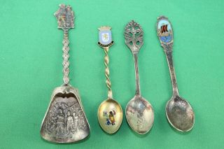 Group Of 4 Vintage Silver Plate & 2 Enamel Souvenir Spoons