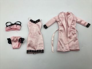 Barbie Doll Fashion Avenue Lingerie Black Lace Nightgown Pink Robe Bra & Panties