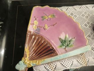 Antique Majolica Fan Plate Dish Flowers & Dragonfly C.  1800 