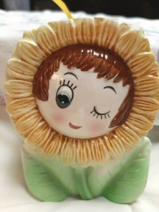 Vintage Anthropomorphic Winking Flower Girl Wall Pocket
