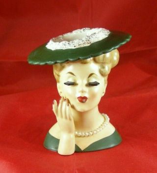 Vintage Lady Head Vase 1958 Napco C3343 Dark Green Dress/hat 4.  5” Made In Japan
