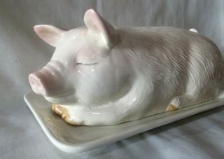 Otagiri Pig Butter Dish Porcelain Hand Crafted Japan White With Pale Pink