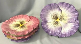 Fitz And Floyd Halcyon Pink Purple Pansy Snack Salad Appetizer Plates Set Of 4