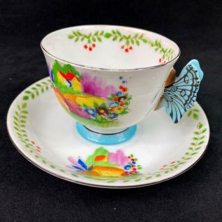 Wear Vintage Japan Aynsley Style Hand Painted Butterfly Handle Cup Saucer 2