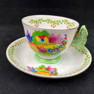 Wear Vintage Japan Aynsley Style Hand Painted Butterfly Handle Cup Saucer 1