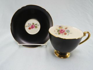 Vintage Shelley Teacup And Saucer Matte Black W/ Rose Flower Design & Gold Trim