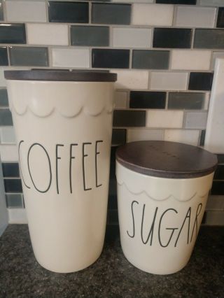 Rae Dunn Coffee And Sugar Scallop White Canisters With Wood Lid
