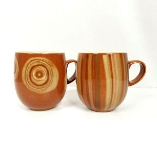2 Denby Coffee Mugs Fire Chilli Swirl Stripes Large Curve Stoneware Brown 14 Oz