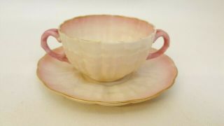 Belleek Pink Soup Consomme Cup Bowls & Saucers 2nd Black Mark Dbl Handled Irish