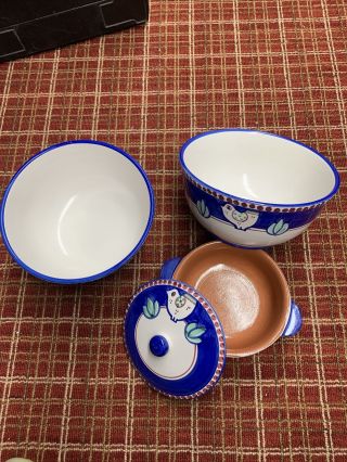 3 Solimene Vietri Campagna Hand - Painted Big Blue Pottery Bowls 10”in