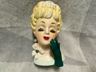 Vintage Blond Lady Head Vase Green Glove Big Eyelashes Planter Enesco