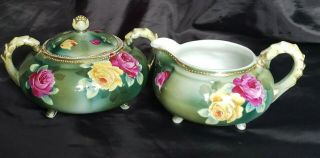 Antique Nippon Hand Painted Gorgeous Roses Creamer & Sugar Bowl Gold Beaded