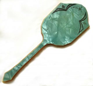 Antique Green Celluloid Hand Mirror Mother Of Pearl Look Art Deco Applied Design