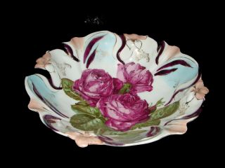 Antique Ps Germany Sorau Porcelain Bowl Pink Roses Gold Trim Artist Signed 10.  5 "