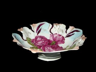 Antique PS Germany Sorau Porcelain Bowl Pink Roses Gold Trim artist signed 10.  5 
