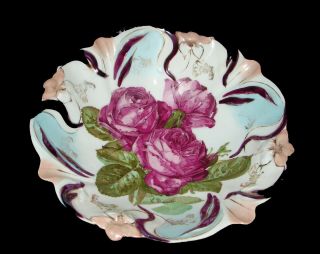 Antique PS Germany Sorau Porcelain Bowl Pink Roses Gold Trim artist signed 10.  5 