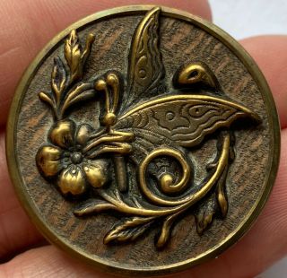 Antique Vintage Large Wood Back Metal Picture Button With Butterfly 1 - 3/8”