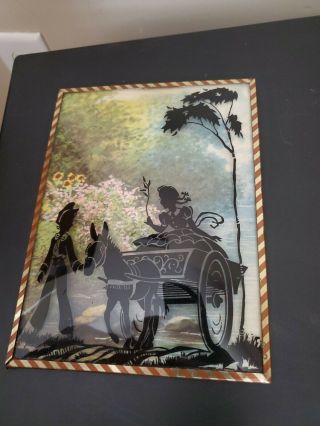 Vintage Silhouette Reversed Painting - Boy & Girl In Donkey Cart - Bubbled Glass