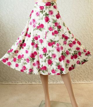 Vtg 50s Vivid Rose,  Pink Floral Print Cotton Sateen Full Flared Skirt 30 " Waist