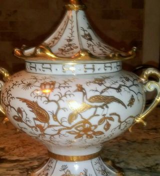8.  5 " Lenwile Ardalt Porcelain Sugar Bowl Lid Urn White Gold Peacock Floral 6428