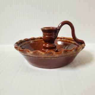 Ned Foltz Redware Pottery Chamberstick Candle Holder Crimped Pa Folk Art Signed