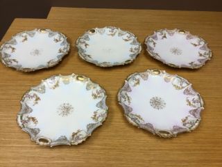 5 Antique Ls&s Limoges Porcelain 8 1/2” Plates Ornate Floral