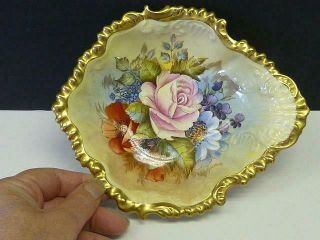 Vintage Aynsley Bone China Cabbage Rose Candy Bowl Dish Signed J A Bailey Gold