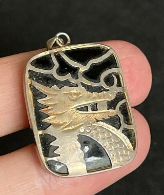 Vintage Or Antique Asian Gold Tone Black Onyx Or Glass Dragon Pendant 1 1/2 " M09
