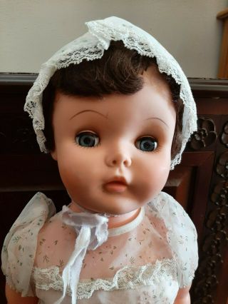 Vintage Brunette Blue Eye Doll With Bonnet Eyes That Open 2ft Tall