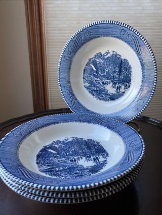 8 Currier And Ives Royal China Early Winter Skating 8 1/4 " Rimmed Soup Bowl Blue