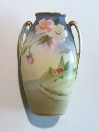 Vintage Nippon Hand Painted Double Handle Small Vase 5 " Tall Outdoor Scene