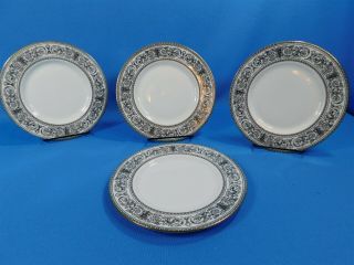 Royal Doulton Baronet Black White Gold Scroll Set Of 4 H4999 Luncheon Plates 8 "
