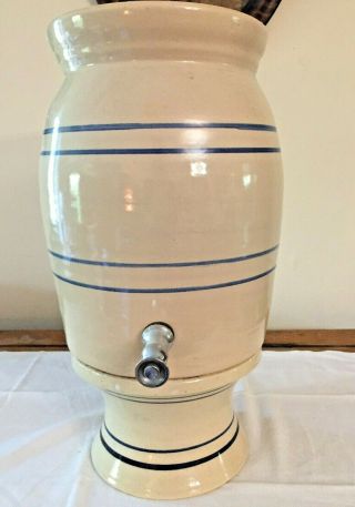 Vintage Marshall Pottery Hand Turned Blue Striped Beverage Dispenser & Stand 3