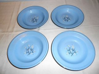 4 Homer Laughlin Kraft - Blue Floral 8 1/2 " Rimmed Soup Bowls W/platinum Trim - Usa