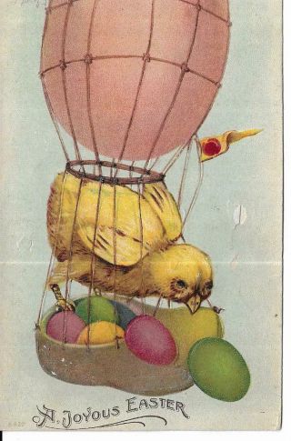 Antique Embossed Easter Postcard Chick In Hot Air Balloon With Colored Eggs
