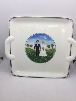 Villeroy & Boch Naif Wedding Platter Porcelain Square Handled Cake Plate Euc