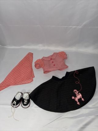 American Girl Maryellen Doll 50’s Poodle Skirt Outfit Shoes Scarf Blouse