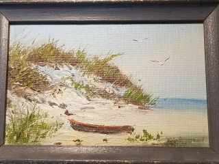 Vintage Oil Painting On Wood Board Boat On The Beach Mini Size - Signed