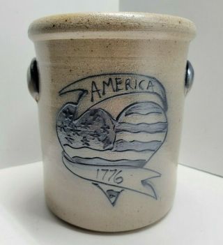 Vintage 1991 Rowe Pottery Stoneware Salt Glazed Crock Cobalt Blue America 1776
