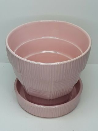 Vintage Mccoy Pottery 1953 Pink Basket Weave Flower Pot With Attached Saucer