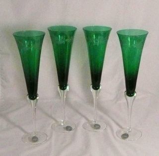 4 Lenox Holiday Gems Champagne Flutes Emerald Green Etched Holly
