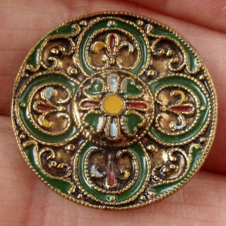 7/8 " Antique 2 - Piece Stamped And Enameled Brass Button